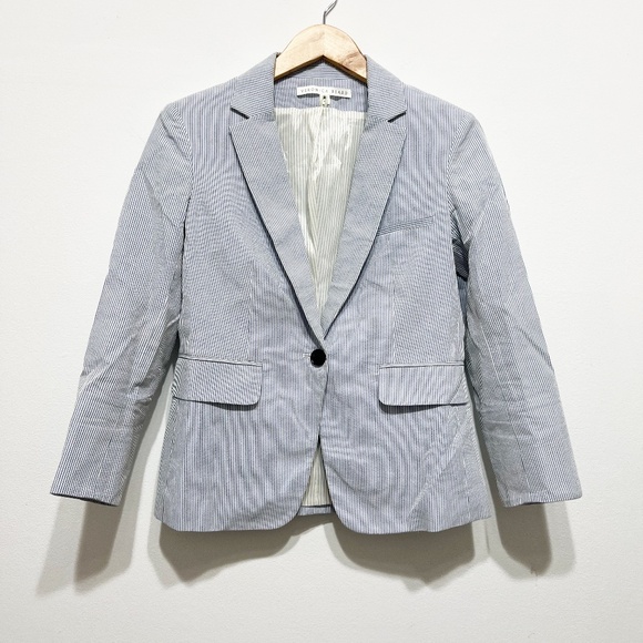 Veronica Beard Cotton Seersucker Blue White Pinstripe One Button Blazer 6 - Picture 1 of 5